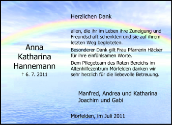 Traueranzeige von Anna Katharina Hannemann von Rüsselsheimer Echo, Groß-Gerauer-Echo, Ried Echo