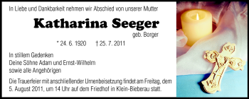 Traueranzeige von Katharina Seeger von Darmstädter Echo, Odenwälder Echo, Rüsselsheimer Echo, Groß-Gerauer-Echo, Ried Echo
