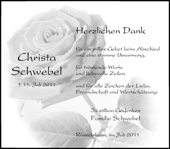 Traueranzeige von Christa Schwebel von Rüsselsheimer Echo, Groß-Gerauer-Echo, Ried Echo