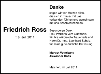 Traueranzeige von Friedrich Ross von Echo-Zeitungen (Gesamtausgabe)
