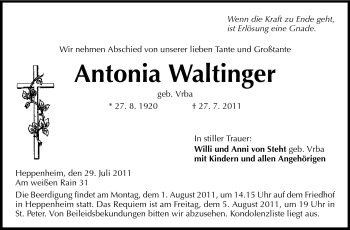 Traueranzeige von Antonia Waltinger von Starkenburger Echo