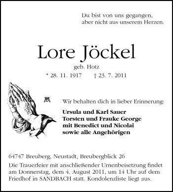 Traueranzeige von Lore Jöckel von Odenwälder Echo