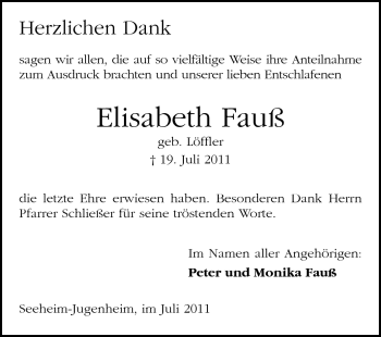 Traueranzeige von Elisabeth Fauß von Darmstädter Echo, Odenwälder Echo, Rüsselsheimer Echo, Groß-Gerauer-Echo, Ried Echo