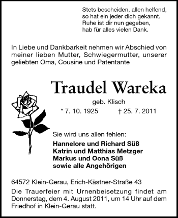 Traueranzeige von Traudl Wareka von Rüsselsheimer Echo, Groß-Gerauer-Echo, Ried Echo