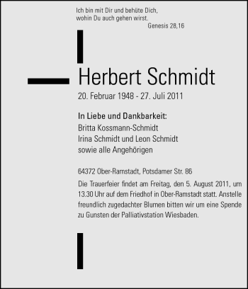 Traueranzeige von Herbert Schmidt von Darmstädter Echo, Odenwälder Echo, Rüsselsheimer Echo, Groß-Gerauer-Echo, Ried Echo