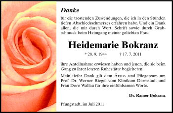 Traueranzeige von Heidemarie Bokranz von Echo-Zeitungen (Gesamtausgabe)