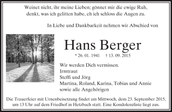 Traueranzeige von Hans Berger von trauer.echo-online.de