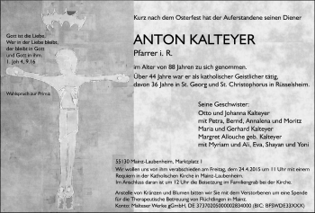 Traueranzeige von Anton Kaltheyer von Rüsselsheimer Echo, Groß-Gerauer-Echo, Ried Echo