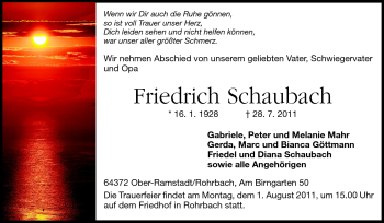 Traueranzeige von Friedrich Schaubach von Darmstädter Echo, Odenwälder Echo, Rüsselsheimer Echo, Groß-Gerauer-Echo, Ried Echo