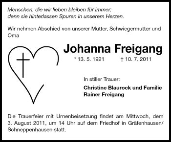 Traueranzeige von Johanna Freigang von Darmstädter Echo, Odenwälder Echo, Rüsselsheimer Echo, Groß-Gerauer-Echo, Ried Echo
