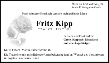 Traueranzeige von Fritz Kipp von Odenwälder Echo
