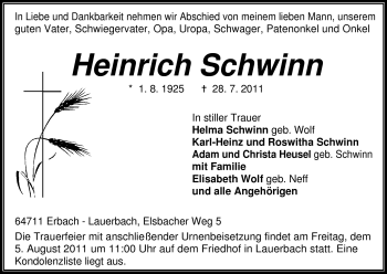 Traueranzeige von Heinrich Schwinn von Odenwälder Echo