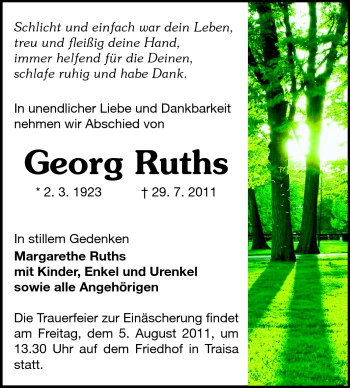 Traueranzeige von Georg Ruths von Echo-Zeitungen (Gesamtausgabe)