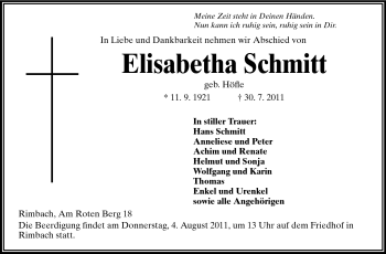 Traueranzeige von Elisabetha Schmitt von Starkenburger Echo