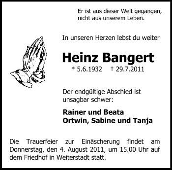Traueranzeige von Heinz Bangert von Echo-Zeitungen (Gesamtausgabe)