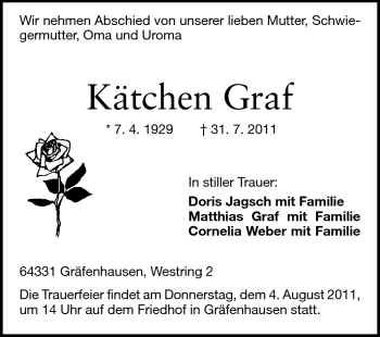 Traueranzeige von Kätchen Graf von Darmstädter Echo, Odenwälder Echo, Rüsselsheimer Echo, Groß-Gerauer-Echo, Ried Echo