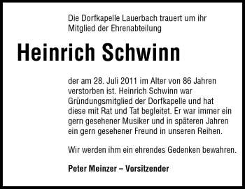 Traueranzeige von Heinrich Schwinn von Odenwälder Echo