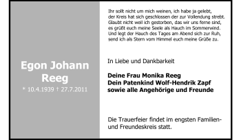 Traueranzeige von Egon Johann Reeg von Echo-Zeitungen (Gesamtausgabe)