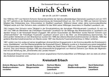 Traueranzeige von Heinrich Schwinn von Odenwälder Echo