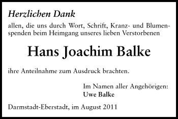 Traueranzeige von Hans Joachim Balke von Echo-Zeitungen (Gesamtausgabe)