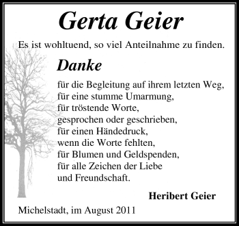 Traueranzeige von Gerta Geier von Odenwälder Echo