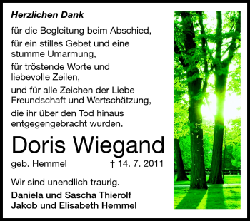Traueranzeige von Doris Wiegand von Echo-Zeitungen (Gesamtausgabe) Traueranzeige von Doris Wiegand von Echo-Zeitungen (Gesamtausgabe)
