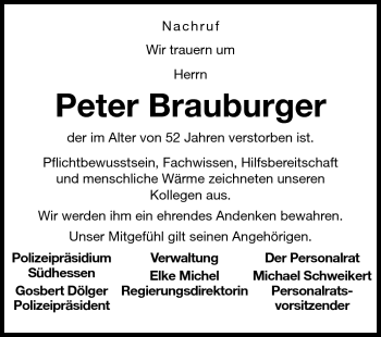 Traueranzeige von Peter Brauburger von Darmstädter Echo, Odenwälder Echo, Rüsselsheimer Echo, Groß-Gerauer-Echo, Ried Echo