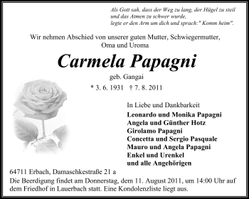 Traueranzeige von Carmela Papagni von Odenwälder Echo