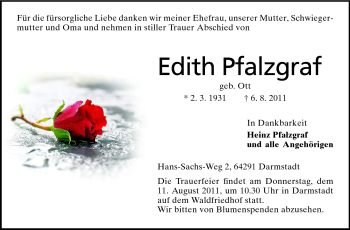 Traueranzeige von Edith Pfalzgraf von Darmstädter Echo, Odenwälder Echo, Rüsselsheimer Echo, Groß-Gerauer-Echo, Ried Echo Traueranzeige von Edith Pfalzgraf von Darmstädter Echo, Odenwälder Echo, Rüsselsheimer Echo, Groß-Gerauer-Echo, Ried Echo