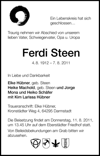 Traueranzeige von Ferdi Steen von Darmstädter Echo, Odenwälder Echo, Rüsselsheimer Echo, Groß-Gerauer-Echo, Ried Echo Traueranzeige von Ferdi Steen von Darmstädter Echo, Odenwälder Echo, Rüsselsheimer Echo, Groß-Gerauer-Echo, Ried Echo