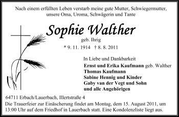 Traueranzeige von Sophie Walther von Odenwälder Echo