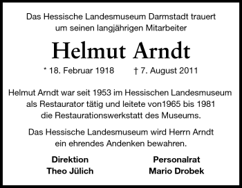 Traueranzeige von Helmut Arndt von Echo-Zeitungen (Gesamtausgabe)