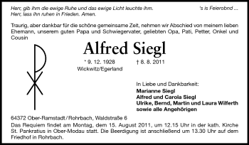 Traueranzeige von Alfred Siegl von Darmstädter Echo, Odenwälder Echo, Rüsselsheimer Echo, Groß-Gerauer-Echo, Ried Echo