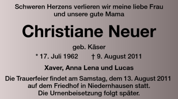 Traueranzeige von Christiana Neuer von Darmstädter Echo, Odenwälder Echo, Rüsselsheimer Echo, Groß-Gerauer-Echo, Ried Echo