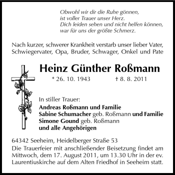 Traueranzeige von Heinz Günther Roßmann von Echo-Zeitungen (Gesamtausgabe)