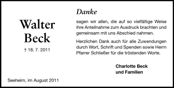 Traueranzeige von Walter Beck von Echo-Zeitungen (Gesamtausgabe)