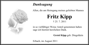 Traueranzeige von Fritz Kipp von Odenwälder Echo