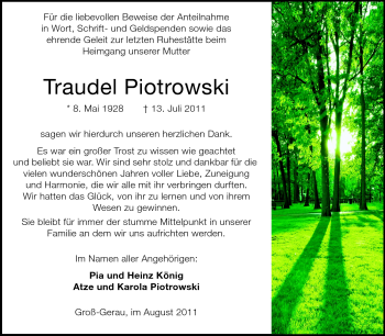 Traueranzeige von Edeltraut Piotrowski von Rüsselsheimer Echo, Groß-Gerauer-Echo, Ried Echo