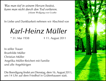 Traueranzeige von Karl-Heinz Müller von Echo-Zeitungen (Gesamtausgabe)