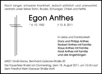 Traueranzeige von Egon Anthes von Rüsselsheimer Echo, Groß-Gerauer-Echo, Ried Echo