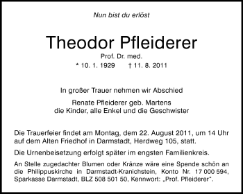 Traueranzeige von Theodor Pfleiderer von Darmstädter Echo, Odenwälder Echo, Rüsselsheimer Echo, Groß-Gerauer-Echo, Ried Echo
