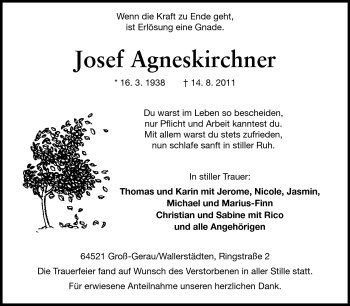 Traueranzeige von Josef Agneskirchner von Rüsselsheimer Echo, Groß-Gerauer-Echo, Ried Echo