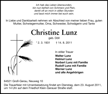 Traueranzeige von Christine Lunz von Rüsselsheimer Echo, Groß-Gerauer-Echo, Ried Echo