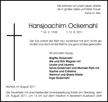 Traueranzeige von Hansjoachim Ockernahl von Darmstädter Echo, Odenwälder Echo, Rüsselsheimer Echo, Groß-Gerauer-Echo, Ried Echo