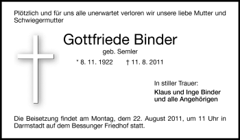 Traueranzeige von Gottfriede Binder von Echo-Zeitungen (Gesamtausgabe) Traueranzeige von Gottfriede Binder von Echo-Zeitungen (Gesamtausgabe)