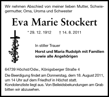 Traueranzeige von Eva Marie Stockert von Odenwälder Echo