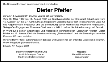 Traueranzeige von Hans-Dieter Pfeifer von Odenwälder Echo
