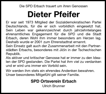 Traueranzeige von Hans-Dieter Pfeifer von Odenwälder Echo