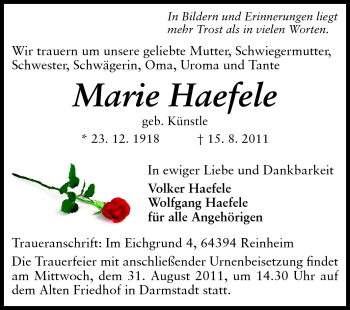 Traueranzeige von Marie Haefele von Darmstädter Echo, Odenwälder Echo, Rüsselsheimer Echo, Groß-Gerauer-Echo, Ried Echo