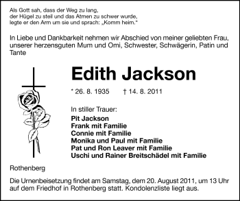 Traueranzeige von Edith Jackson von Odenwälder Echo